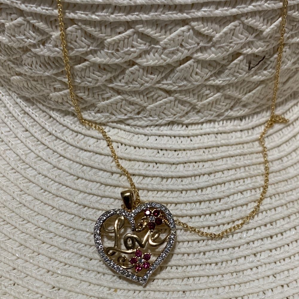 Gold Heart "Love" Pendant Necklace with Pink Crystal Accents